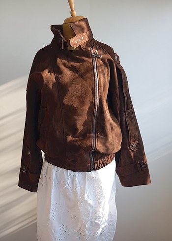 Kahverengi Süet Kemerli Kadın Biker Ceket - Görsel 4