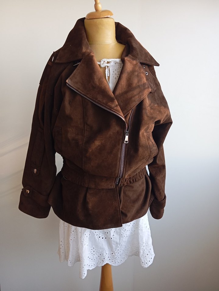 Kahverengi Süet Kemerli Kadın Biker Ceket - Görsel 2