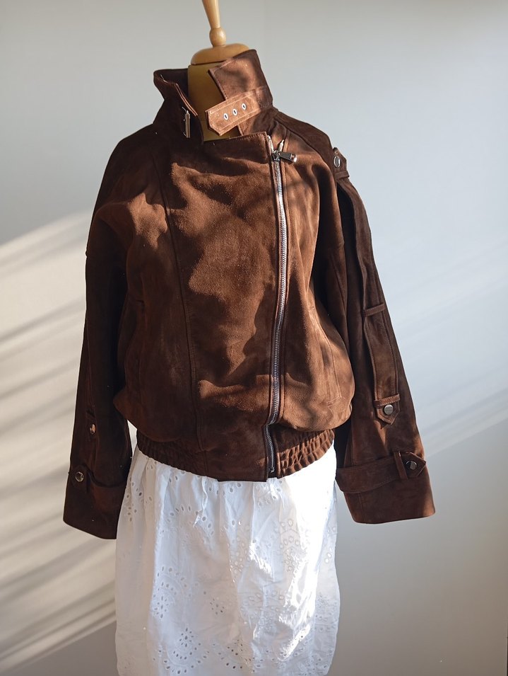 Kahverengi Süet Kemerli Kadın Biker Ceket - Görsel 4