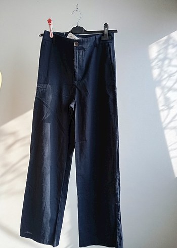Lacivert Kadın Normal Boy keten wide leg - Görsel 9