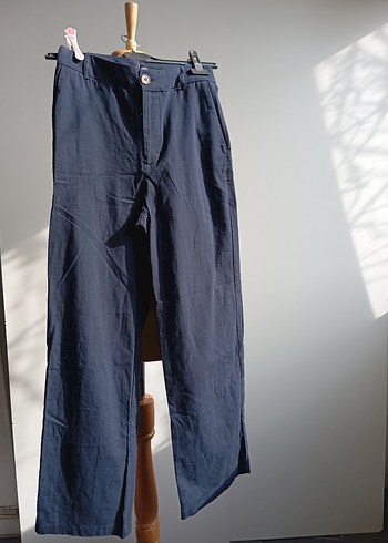 Lacivert Kadın Normal Boy keten wide leg - Görsel 5