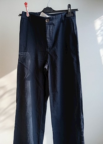 Lacivert Kadın Normal Boy keten wide leg - Görsel 8