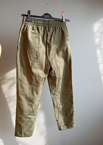 Kadın Bej Keten Bol Kesim Kemerli Pantolon - Görsel 2