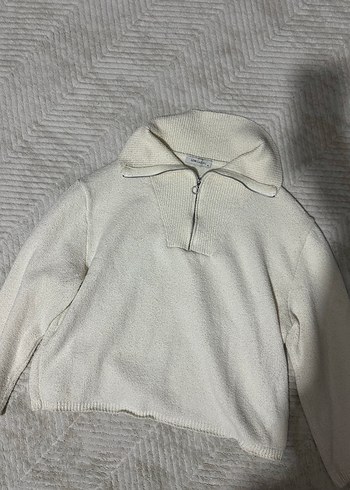 Kadın Beyaz Örgü Yarım Fermuarlı Kazak - Görsel 2