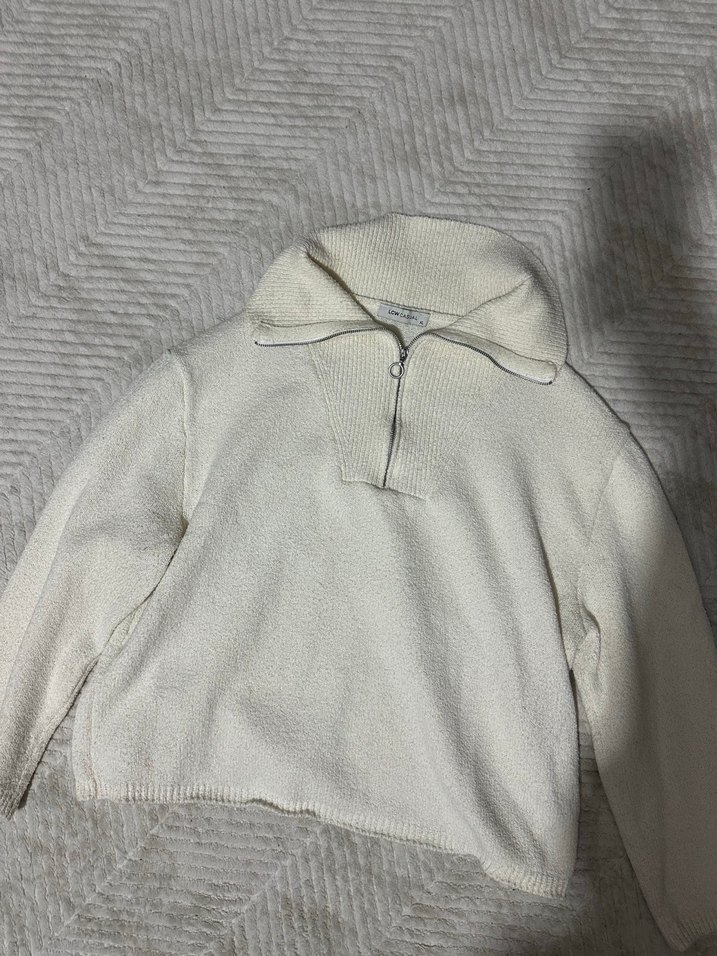 Kadın Beyaz Örgü Yarım Fermuarlı Kazak - Görsel 2