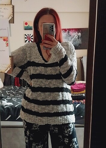 m Beden SİYAH BEYAZ ÇİZGİLİ SALAŞ OVERSIZE BLUZ