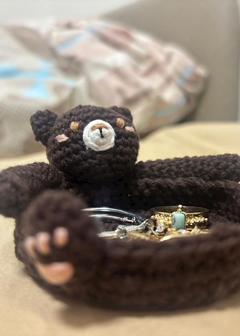 Kahverengi Örgü Ayıcık bardak altlığı, takı standı - Görsel 2