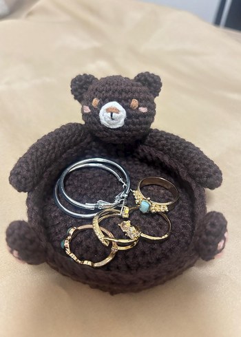 Kahverengi Örgü Ayıcık bardak altlığı, takı standı - Görsel 3