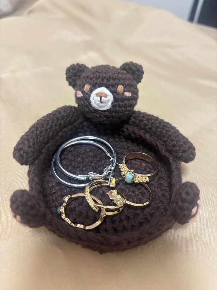 Kahverengi Örgü Ayıcık bardak altlığı, takı standı - Görsel 3