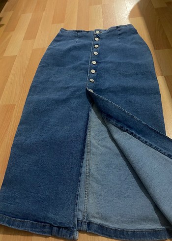 Düğmeli Lacivert Midi Kot Etek - Görsel 2