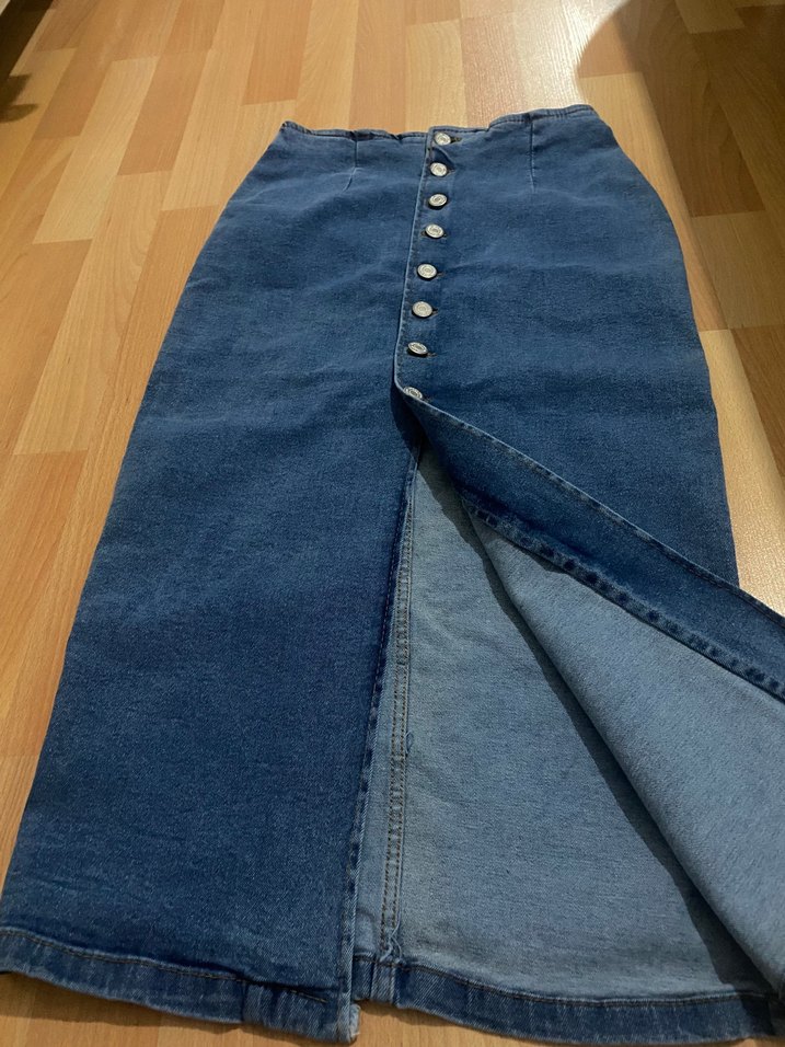 Düğmeli Lacivert Midi Kot Etek - Görsel 2