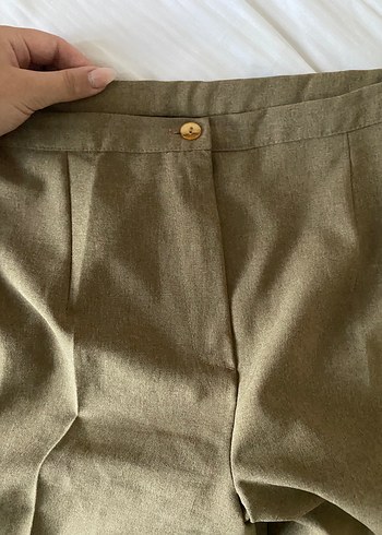 Düğmeli Keten Bej Kadın Pantolon - Görsel 2