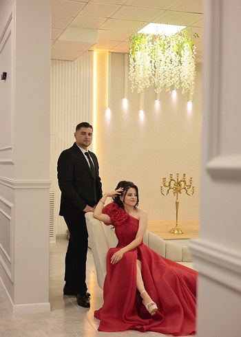 Drapeli Kırmızı Uzun Straplez Kadın Abiye - Görsel 7