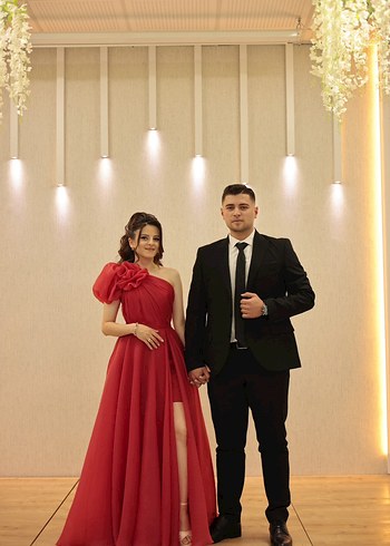 Drapeli Kırmızı Uzun Straplez Kadın Abiye - Görsel 8