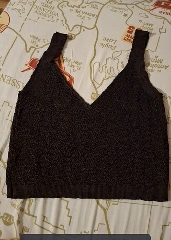 Kahverengi V Yaka Örgü Crop Top - Görsel 2