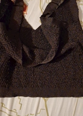 Kahverengi V Yaka Örgü Crop Top - Görsel 5