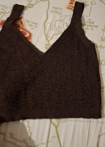 Kahverengi V Yaka Örgü Crop Top - Görsel 4