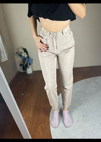 Bej Loose Fit Midi Denim Jean