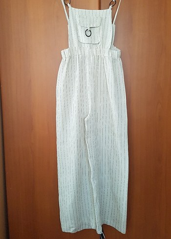 Kadın Çizgili Uzun Keten Tulum - Görsel 2