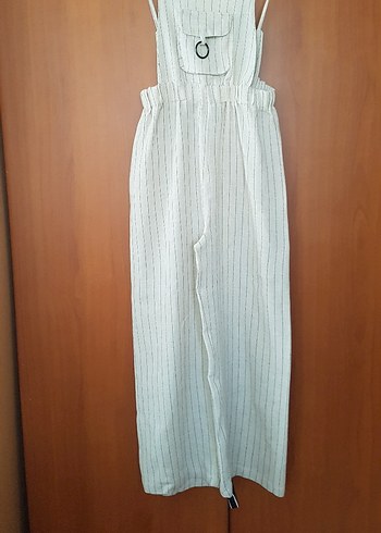 Kadın Çizgili Uzun Keten Tulum - Görsel 3