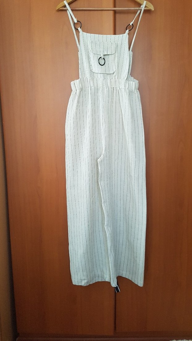 Kadın Çizgili Uzun Keten Tulum - Görsel 3