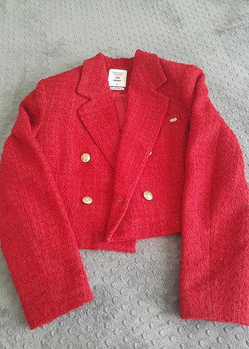 Koton Düğmeli Kırmızı Kısa Yün Kadın Blazer