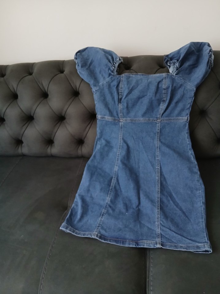 Kadın Mavi Denim Midi Straplez Elbise - Görsel 2
