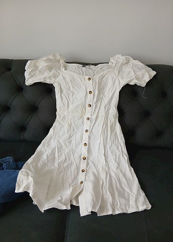 Düğmeli Beyaz Keten Midi Elbise - Görsel 2