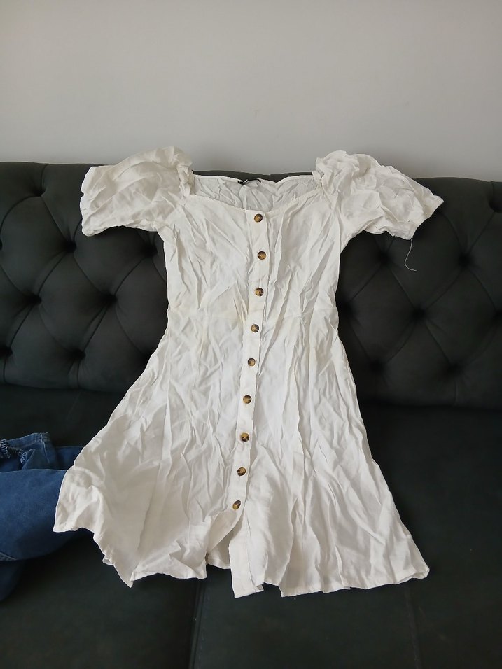 Düğmeli Beyaz Keten Midi Elbise - Görsel 2