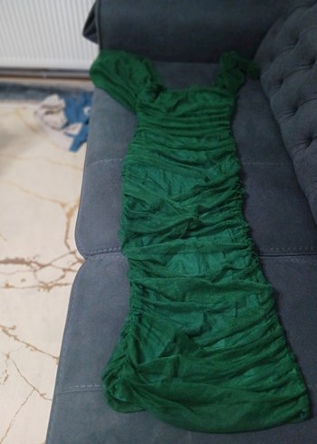 Drapeli Koyu Yeşil Uzun Abiye Elbise - Görsel 2