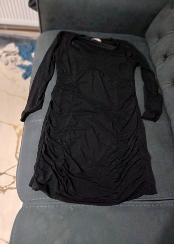 Siyah Drapeli V Yaka Uzun Kollu Midi Elbise - Görsel 2