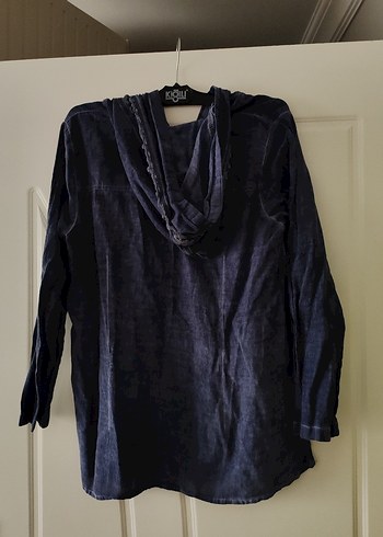 Düğmeli Lacivert Kapüşonlu Kadın Keten Gömlek - Görsel 3