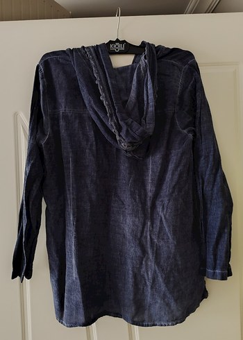 Düğmeli Lacivert Kapüşonlu Kadın Keten Gömlek - Görsel 2