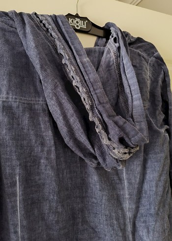 Düğmeli Lacivert Kapüşonlu Kadın Keten Gömlek - Görsel 4