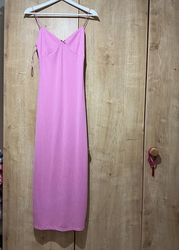 Pembe İpek Görünümlü Uzun Askılı Elbise - Görsel 2