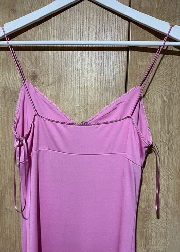 Pembe İpek Görünümlü Uzun Askılı Elbise - Görsel 6