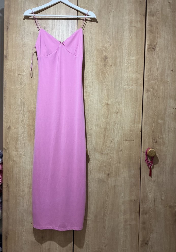 Pembe İpek Görünümlü Uzun Askılı Elbise - Görsel 2