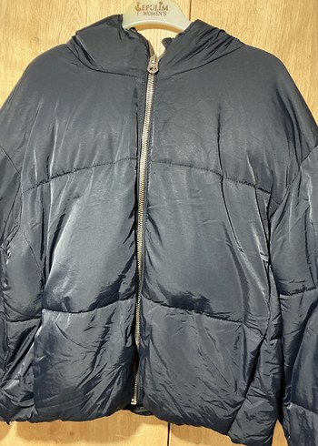 Bershka Kadın Lacivert Midi Kaban, Kapüşonlu, Fermuarlı