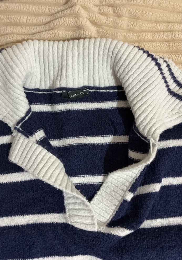 Çizgili Lacivert Kadın Triko Kazak - Görsel 2