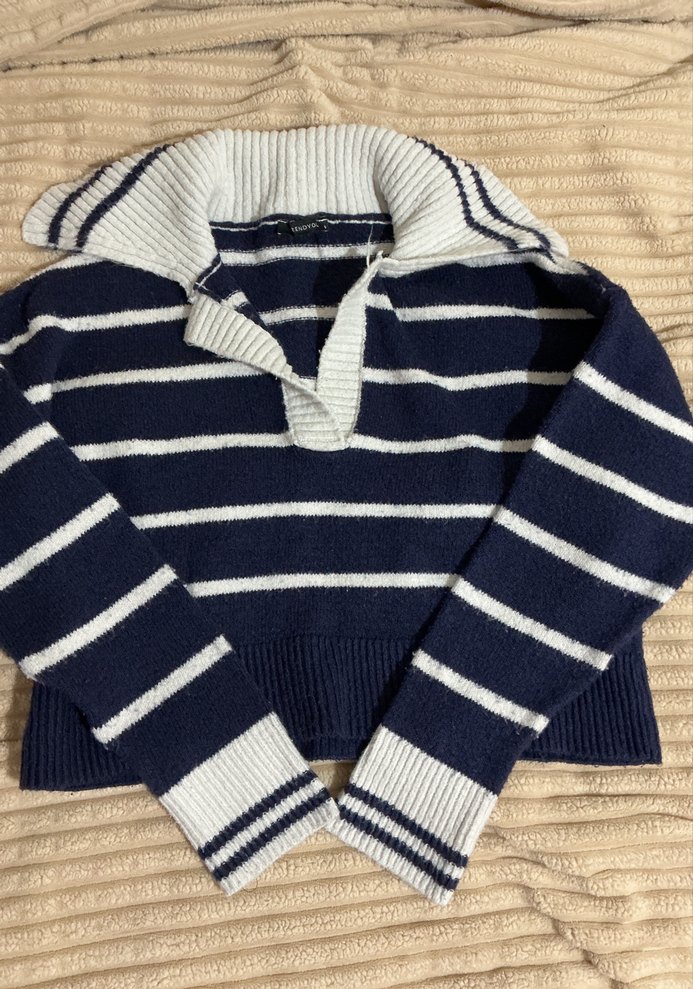 Çizgili Lacivert Kadın Triko Kazak - Görsel 3