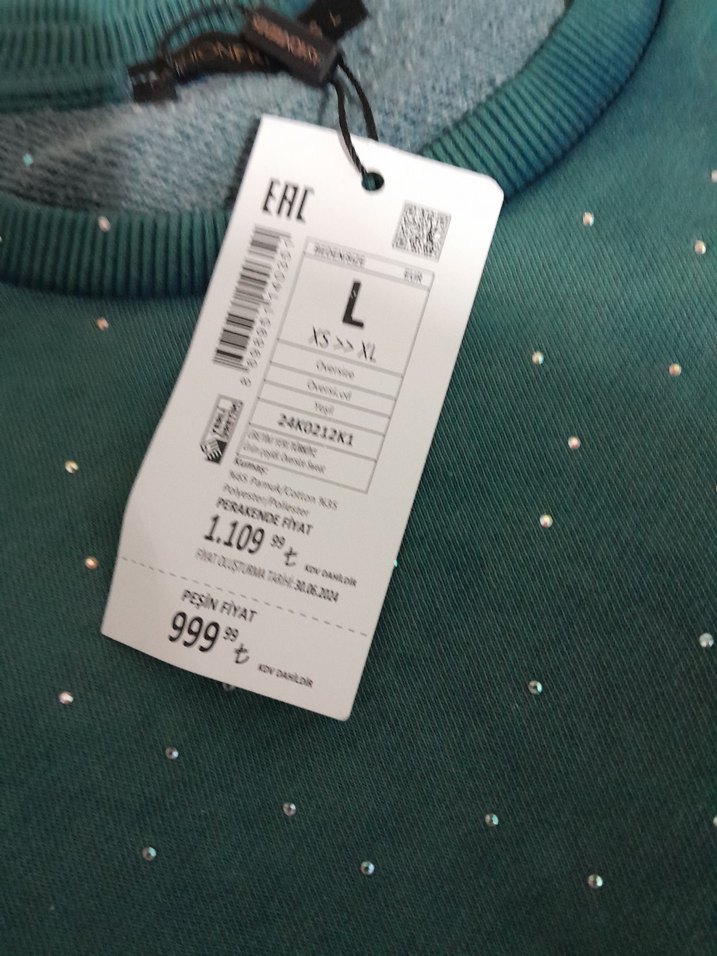 yeşil taşlaşmış. taşlı sweatshirt L - Görsel 5