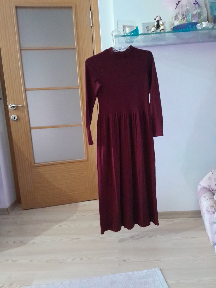 Bordo Uzun Kollu Pileli Kadın Elbise - Görsel 5