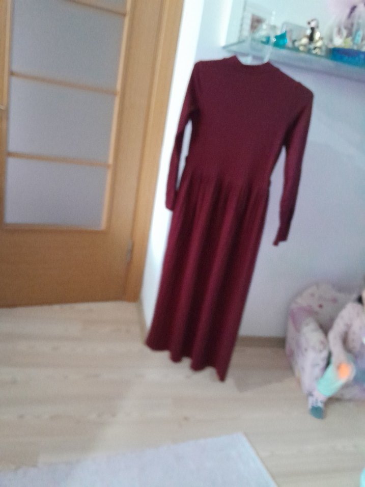 Bordo Uzun Kollu Pileli Kadın Elbise - Görsel 3