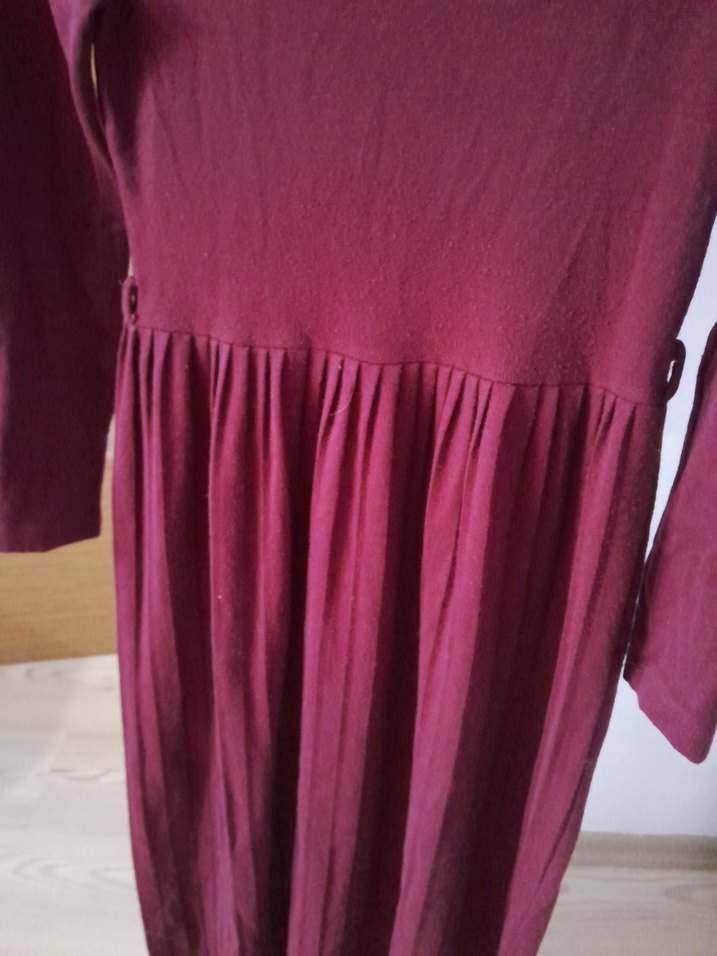 Bordo Uzun Kollu Pileli Kadın Elbise - Görsel 2