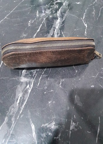 Bej hakiki  Deri Vintage Makyaj Çantası. kalemlik - Görsel 2