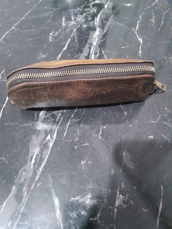 Bej hakiki  Deri Vintage Makyaj Çantası. kalemlik - Görsel 2