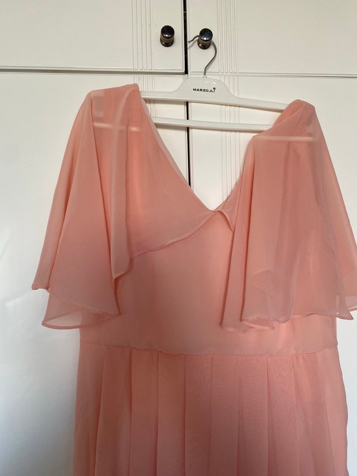 Pudra Renk V Yakalı Uzun Abiye hamile elbisesi baby shower - Görsel 3