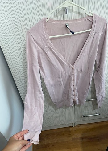 Düğmeli Uzun Kollu V Yaka Pembe Kadın Hırka