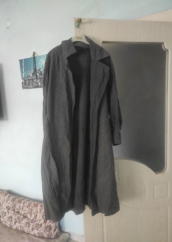 40 Beden Gri Uzun Keten Kadın Kaban
