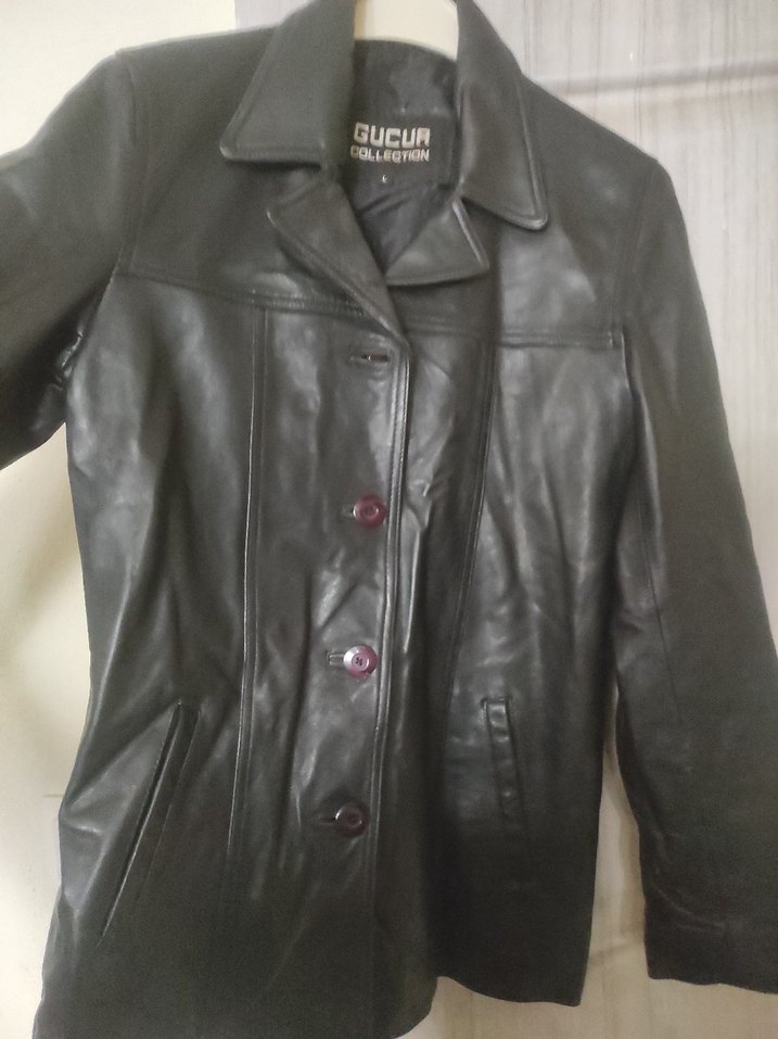 Düğmeli Siyah Deri Kadın Biker Ceket - Görsel 3